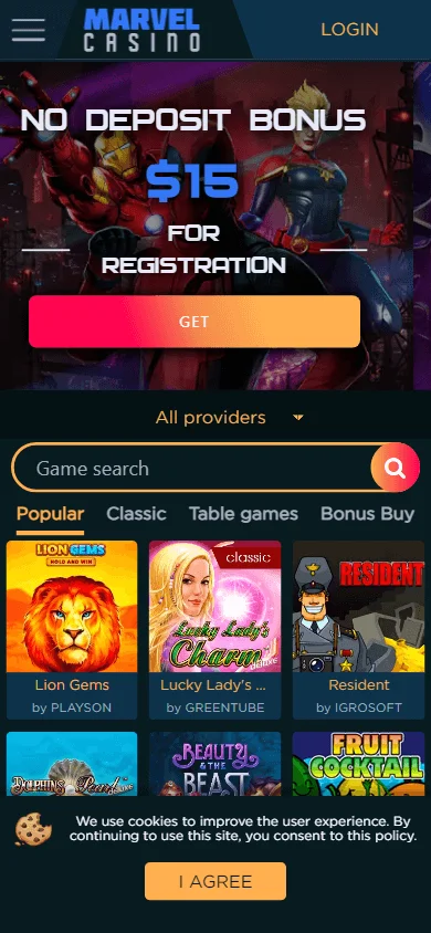 Marvel Casino mobile home screen opened through the installable progressive web app