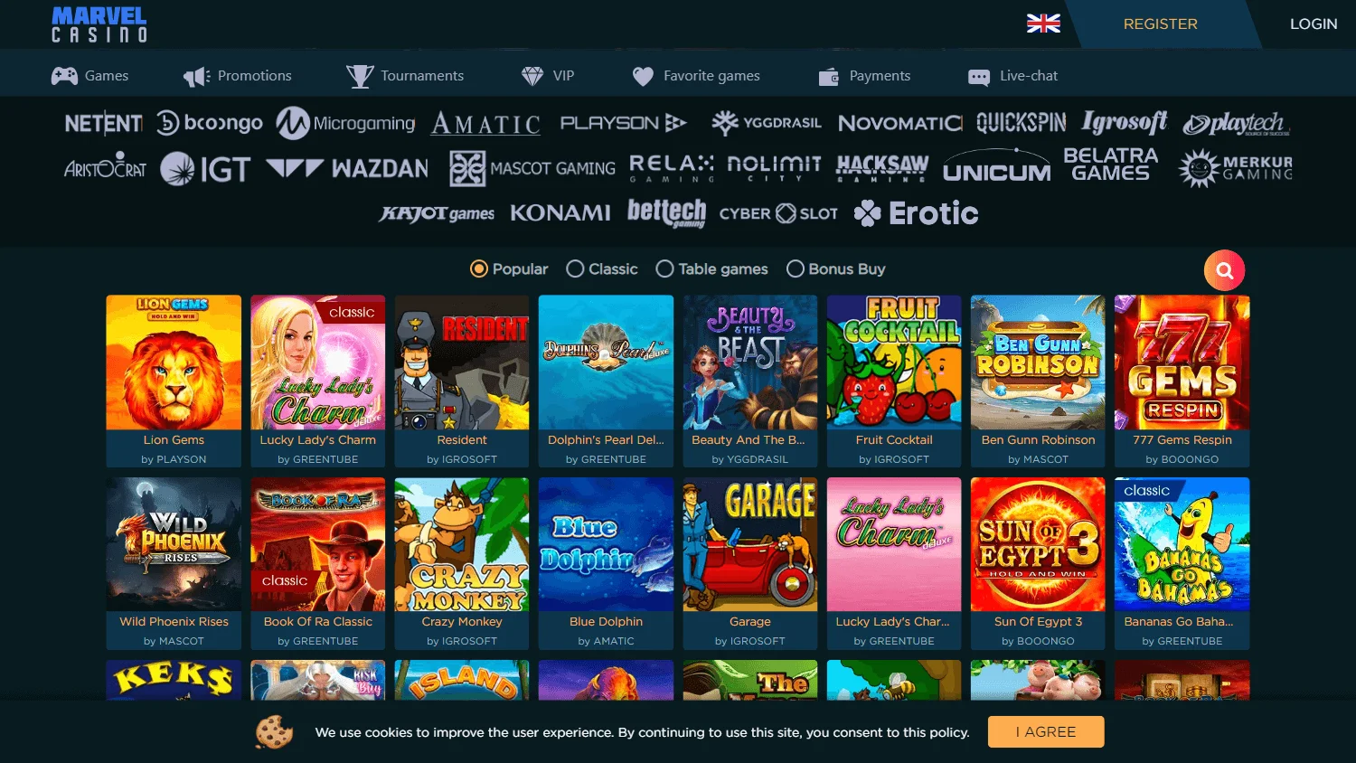 Marvel Casino desktop game selection with casino categories and titles