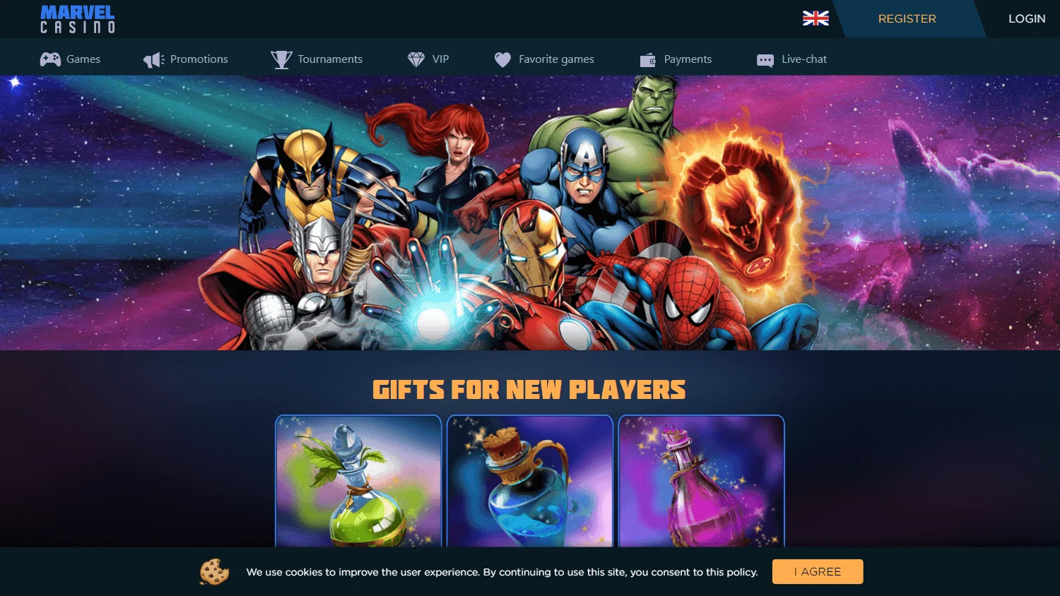 Marvel Casino desktop promotions area with bonuses and tournament offers