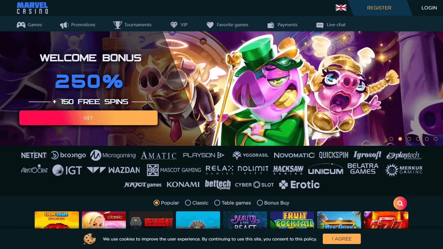 Marvel Casino desktop home screen with the casino offer and account access